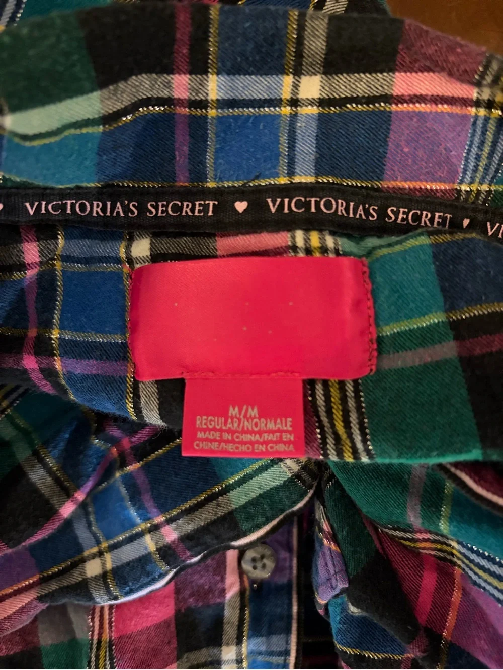 Victorias Secret Plaid Pajamas Top Pants PJ Set Size M Pink Green Blue Sparkle